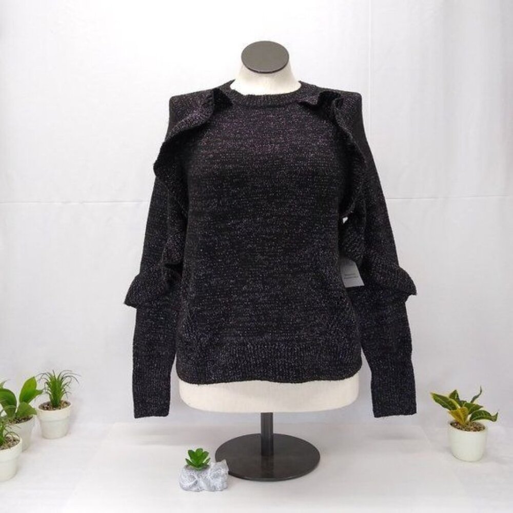Time and Tru Women's Shimmering Ruffle Sweater Pullover Black Soot - L (12-14)